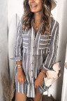 Gray Contrast Striped Buttoned Shirt Dress