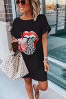 Black Lip Print Summer Casual Tee Mini Dress