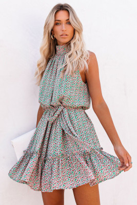 Green Halter Sleeveless Floral Mini Dress