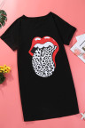 Black Lip Print Summer Casual Tee Mini Dress