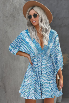 Sky Blue V Neck 3/4 Sleeve Bohemian Vintage Print Mini Dress