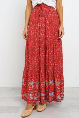 Red Boho Floral Print Elastic High Waist Pleated A Line Maxi Skirt