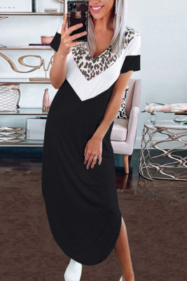Black V Neck Contrast Leopard Print Short Sleeves Split Maxi Dress