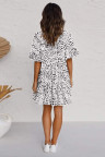 White Leopard V Neck Ruffled Mini Dress with Buttons