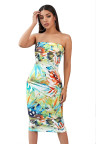 Yellow Tropical Print Tube Bodycon Dress