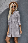 Gray Contrast Striped Buttoned Shirt Dress