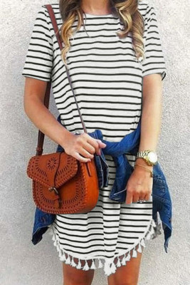 Crew Neck Striped T-shirt Mini Dress with Tassel