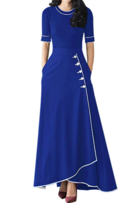 Royal Blue Piped Button Embellished High Waist Maxi Skirt