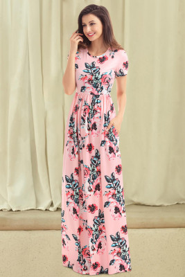 Pocket Design Short Sleeve Pink Floral Maxi Dress