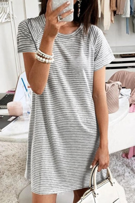 Gray Raglan Sleeve Striped Cotton-blend T-shirt Mini Dress