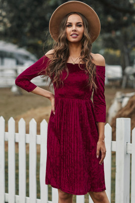Wine Velvet Off Shoulder Half Sleeve Pleated Midi Dress