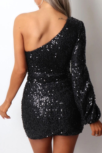 Black One-shoulder Lantern Sleeve Sequins Tied Waist Mini Dress