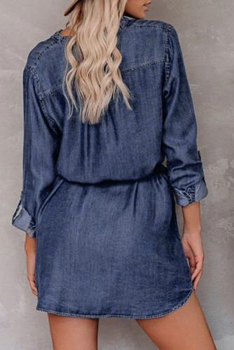 Blue V Neck Buttoned Shirt Denim Dress