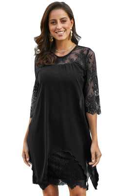 Black Chiffon Overlay Three Quarter Sleeve Dress