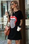 Black Lip Print Summer Casual Tee Mini Dress