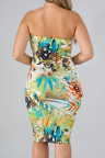 Yellow Tropical Print Tube Bodycon Dress