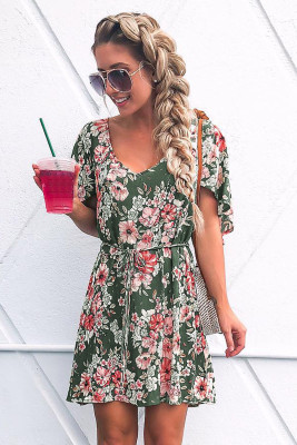 Green Hollow-out Back Floral Dress