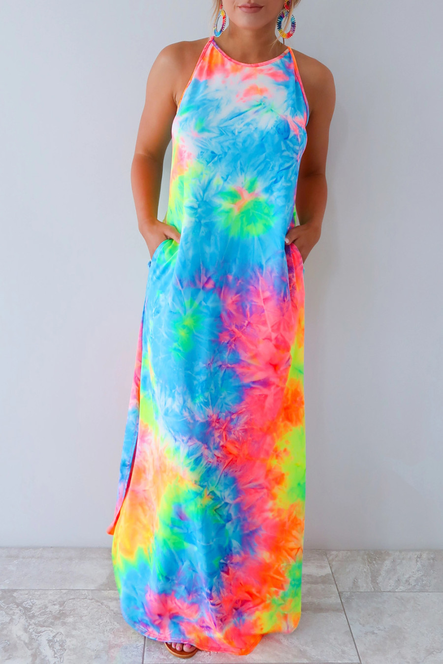 Multicolor Tie-dye Sleeveless Maxi Dress with Pockets