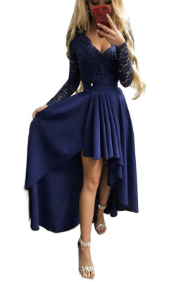 Dark Blue V-neck Lace Backless High and Low Hem Evening Dress