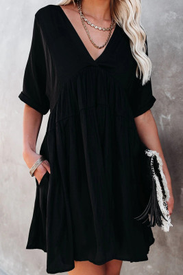 Black Kimono Sleeve V-neck Babydoll Tiered Mini Dress