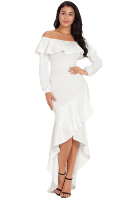 White Lantern Sleeve Asymmetric Ruffle Hem Prom Dress