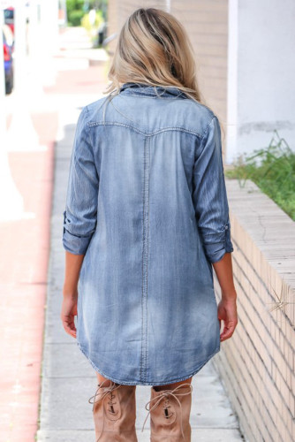 Blue Turn Down Collar Button Down Long Sleeve Denim Shirt Mini Dress
