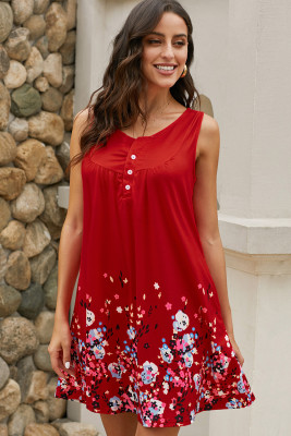 Red Crew Neck A-Line Daily Beach Floral Dress