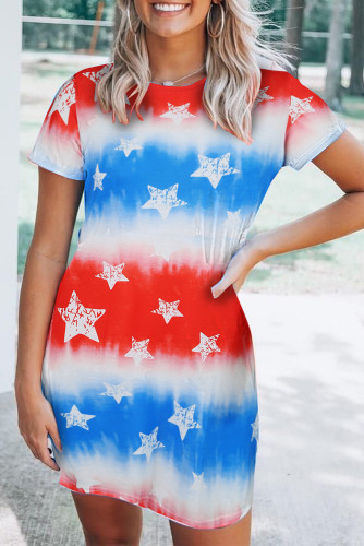 Tie Dye Patriotic Red White Blue Stars Flag Mini Dress
