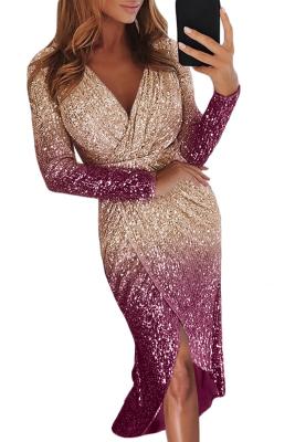 Apricot Ombre Sequin Wrapped Ruched Irregular Dress
