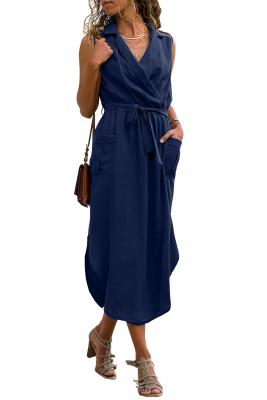 Blue Sleeveless Shirt Long Dress with Pockets