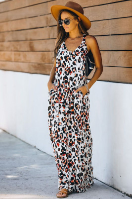 Leopard Sleeveless Cut-out Pocketed Maxi Dress