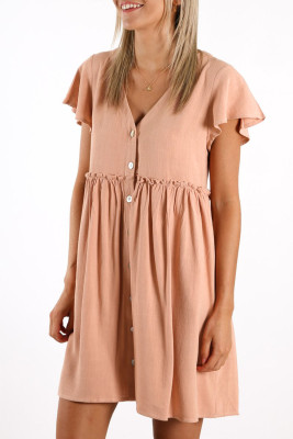 Pink V Neck Buttoned Empire Waist Babydoll Mini Dress