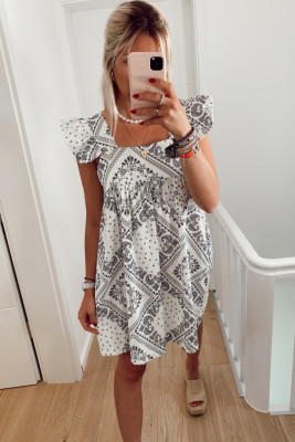 Square Neck Flutter Sleeve Bohemian Print Mini Dress