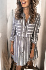 Gray Contrast Striped Buttoned Shirt Dress
