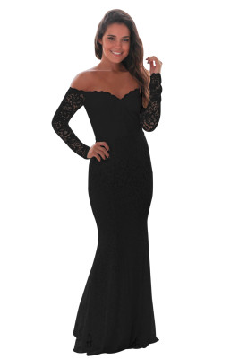 Black Crochet Off Shoulder Prom Maxi Dress