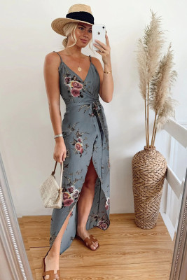 Gray Floral Wrap Maxi Dress With Slit