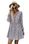 Gray Contrast Striped Buttoned Shirt Dress