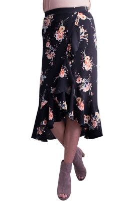 Floral Ruffle Wrap Skirt in Black