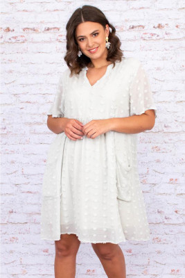 White V Neck Pompom Babydoll Style Short Sleeves Flowy Mini Dress