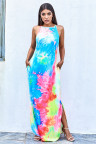 Multicolor Tie-dye Sleeveless Maxi Dress with Pockets