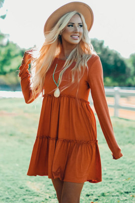 Orange Long Sleeve Ruffled Solid Swing Mini Dress