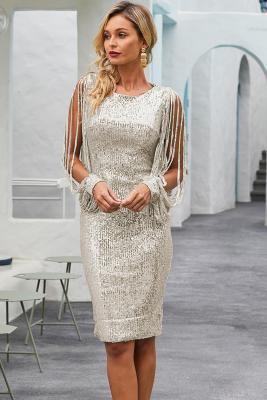 Silver Sequin Tassel Sleeve Bodycon Prom Dress