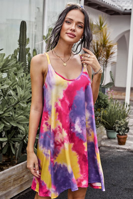 Rose U Neck Gradient Color Printed Sling Sleeveless Swing Mini Dress