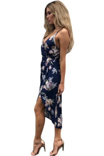 Deep V Neck Multicolor Floral Print Boho Dress in Navy Blue