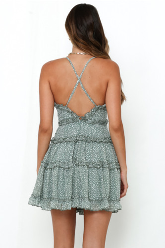 Green Fit Flare Ruffle Edge Criss Cross Floral Dress