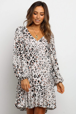 White Leopard Print V Neck Long Sleeves Mini Dress
