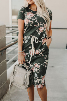 Dark Gray Short Sleeve Pocketed Drawstring Casual Floral Dress