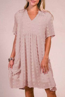 Pink V Neck Pompom Babydoll Style Short Sleeves Flowy Mini Dress