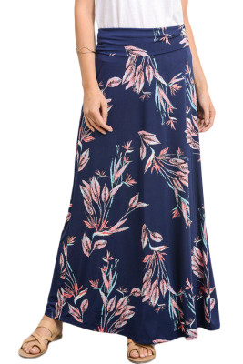 Navy Vibrant Floral Print Long Maxi Skirt