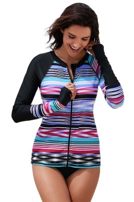 Asymmetric Tie Dye Striped Rashguard Swim Top